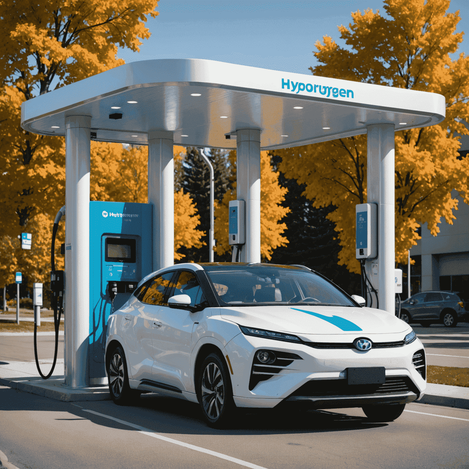A modern hydrogen fueling station in a Canadian city, with a hydrogen-powered car being refueled. The station design is sleek and futuristic, showcasing the cutting-edge nature of this technology.