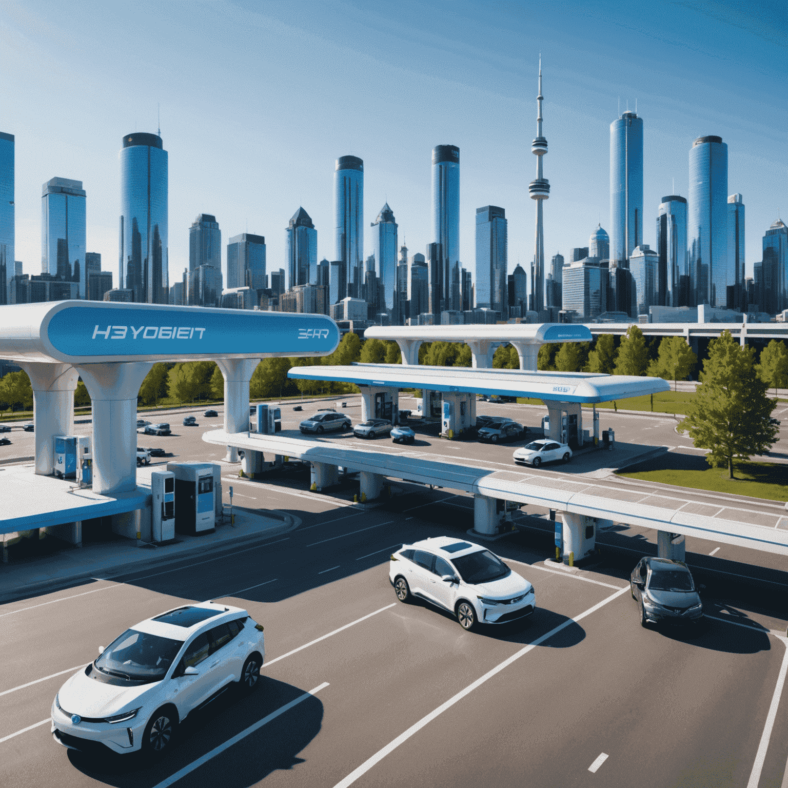 A futuristic cityscape with hydrogen-powered vehicles on the roads, hydrogen fueling stations, and clear blue skies, symbolizing a clean energy future for Canadian transportation