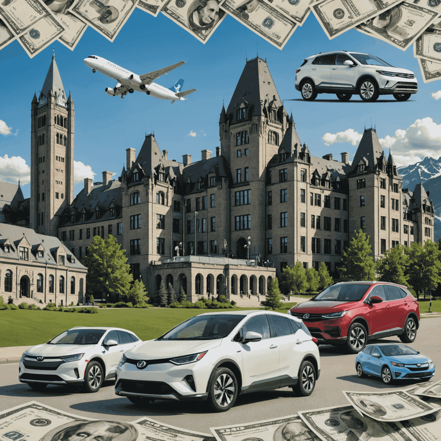 A collage of Canadian government buildings, hydrogen cars, and money representing incentives